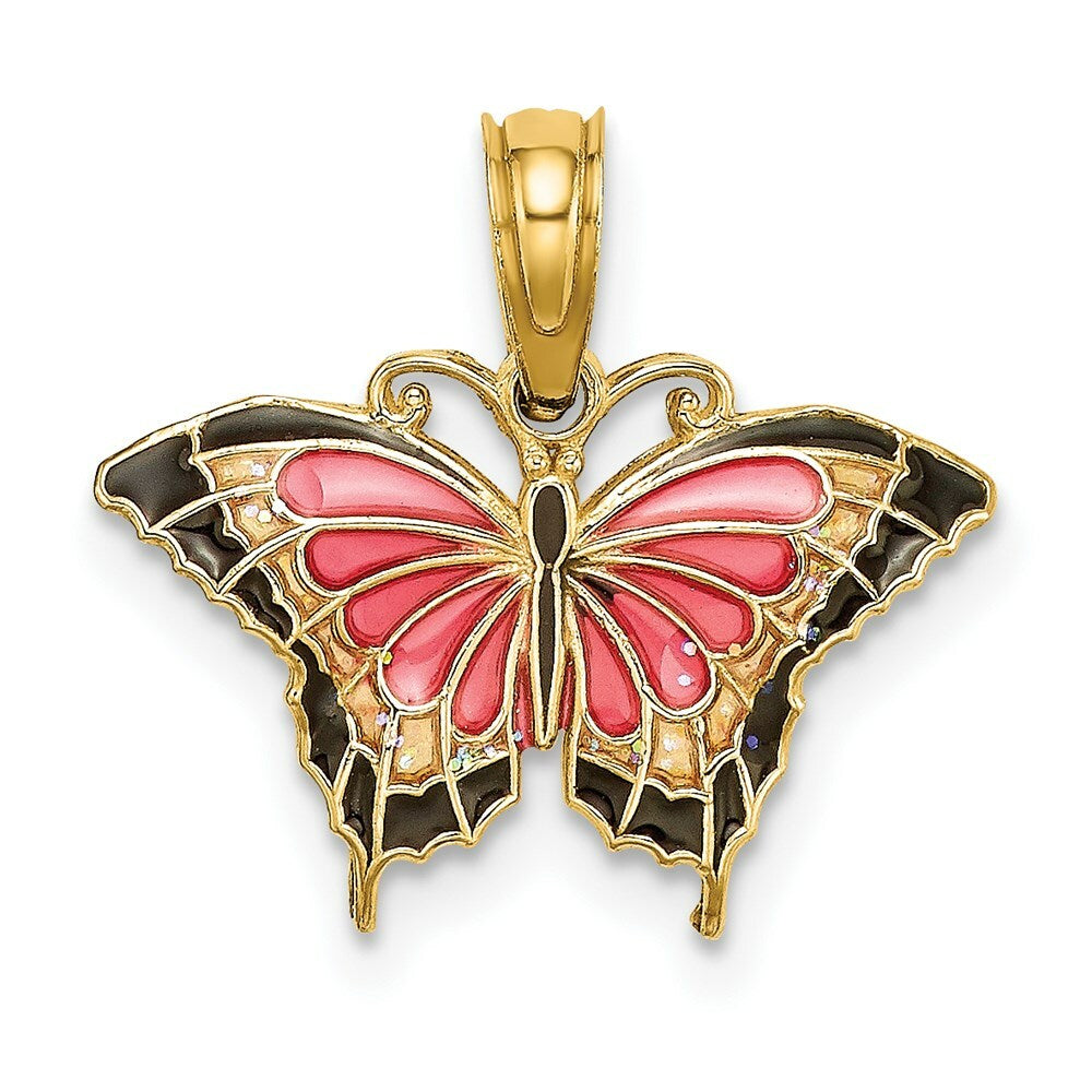 14K Yellow Gold Small Stained Glass Pink Butterfly