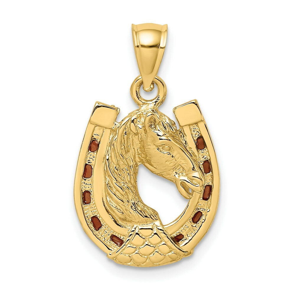 14K Yellow Gold Horse Head In Horseshoe With Stained Glass Accent Charm Pendant