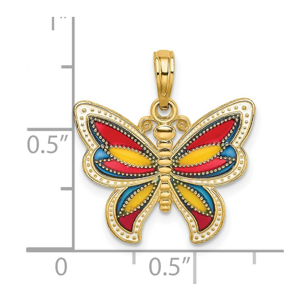 14K Yellow Gold With Multi-Color Stained Glass & Beaded Wings Butterfly Charm Pendant