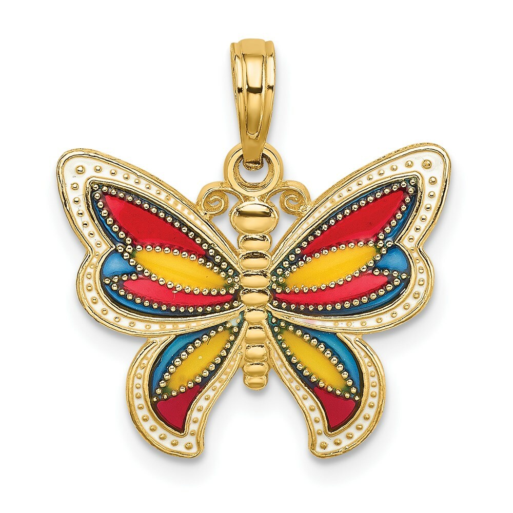 14K Yellow Gold With Multi-Color Stained Glass & Beaded Wings Butterfly Charm Pendant