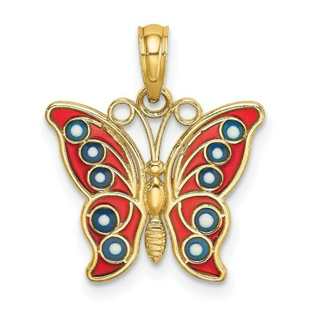 14K Yellow Gold With Red & Blue Stained Glass Filigree Butterfly Charm Pendant