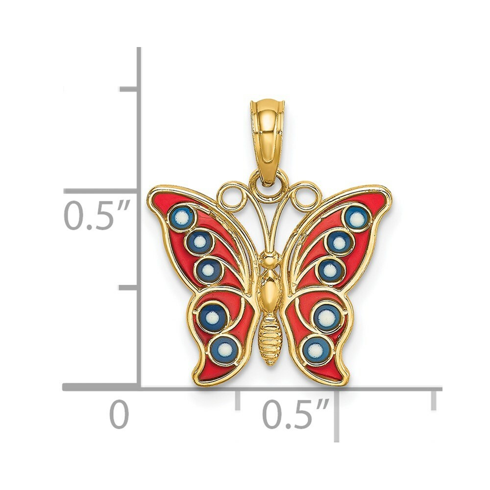 14K Yellow Gold With Red & Blue Stained Glass Filigree Butterfly Charm Pendant