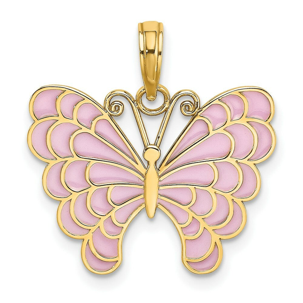 14K Yellow Gold BUTTERFLY With LAVENDER STAINED GLASS WINGS