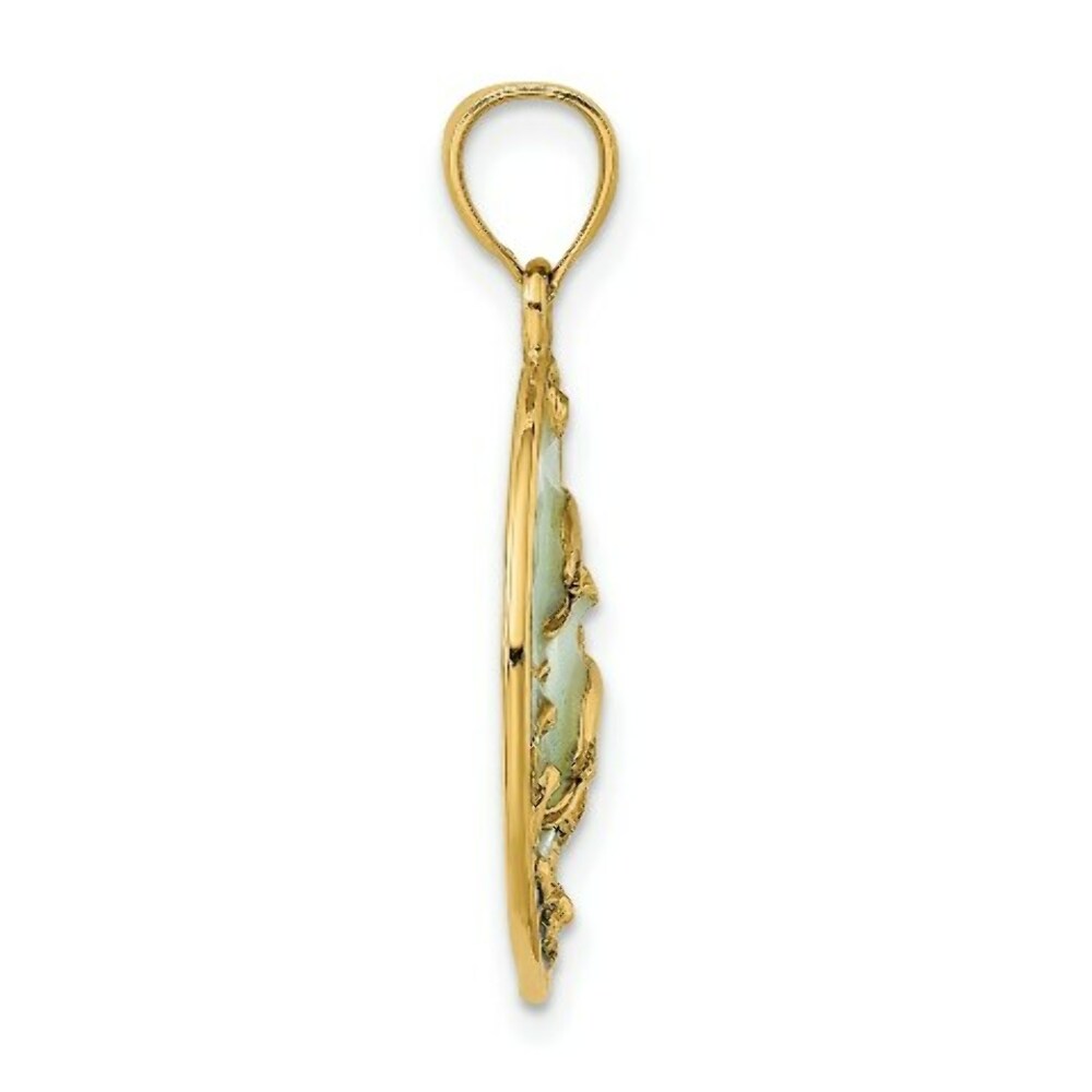14K Yellow Gold 2-D Dolphins & Blue Stained Glass Charm Pendant