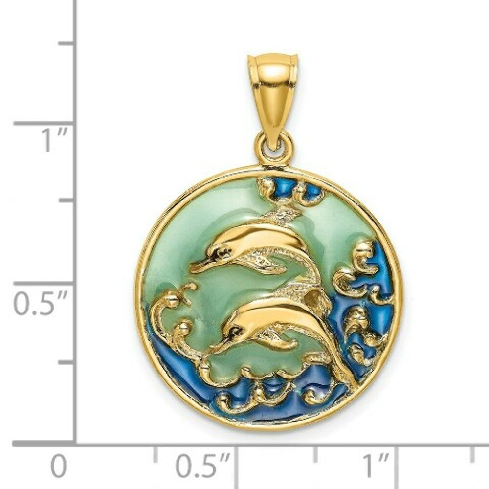 14K Yellow Gold 2-D Dolphins & Blue Stained Glass Charm Pendant