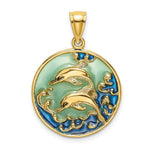 Load image into Gallery viewer, 14K Yellow Gold 2-D Dolphins &amp; Blue Stained Glass Charm Pendant
