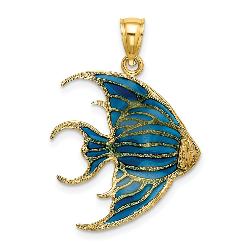 14K Yellow Gold With Blue Stainded Glass Accent Angelfish Charm Pendant
