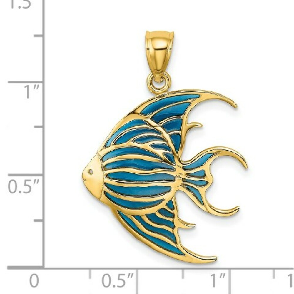14K Yellow Gold With Blue Stainded Glass Accent Angelfish Charm Pendant