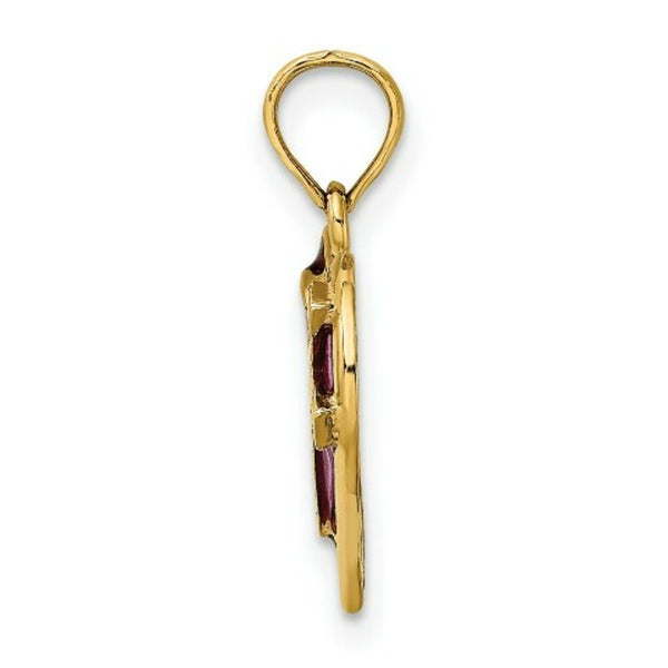 14K Yellow Gold With Purple Stained Glass Cross Heart Charm Pendant