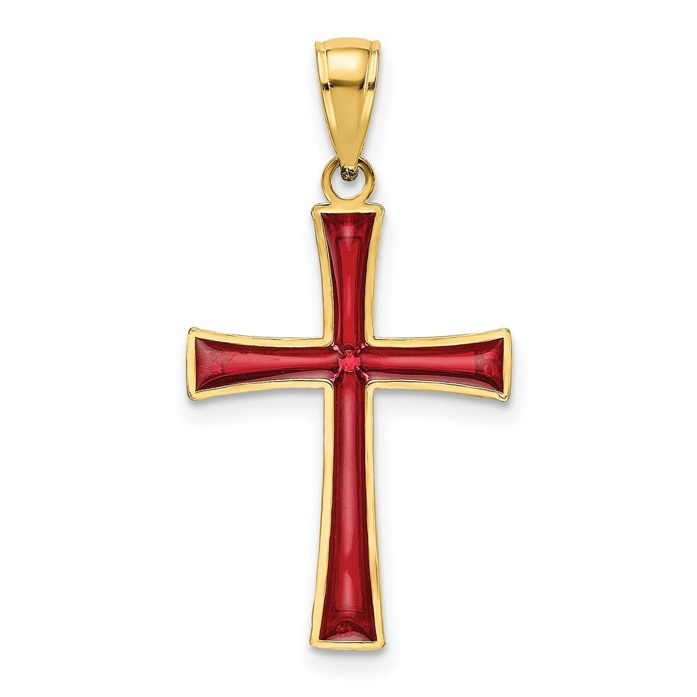 14K Yellow Gold Red Stained Glass Cross Charm Pendant