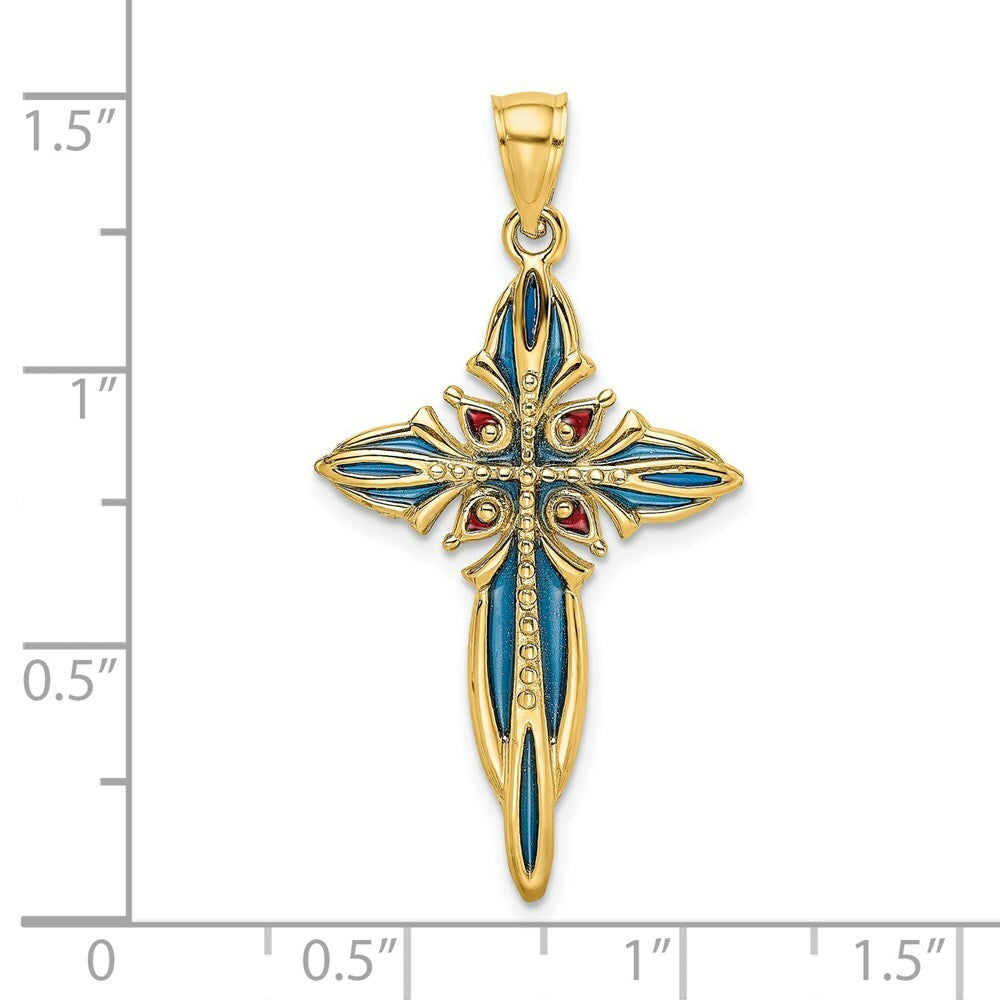 14K Yellow Gold Blue & Red Stained Glass Cross Charm Pendant