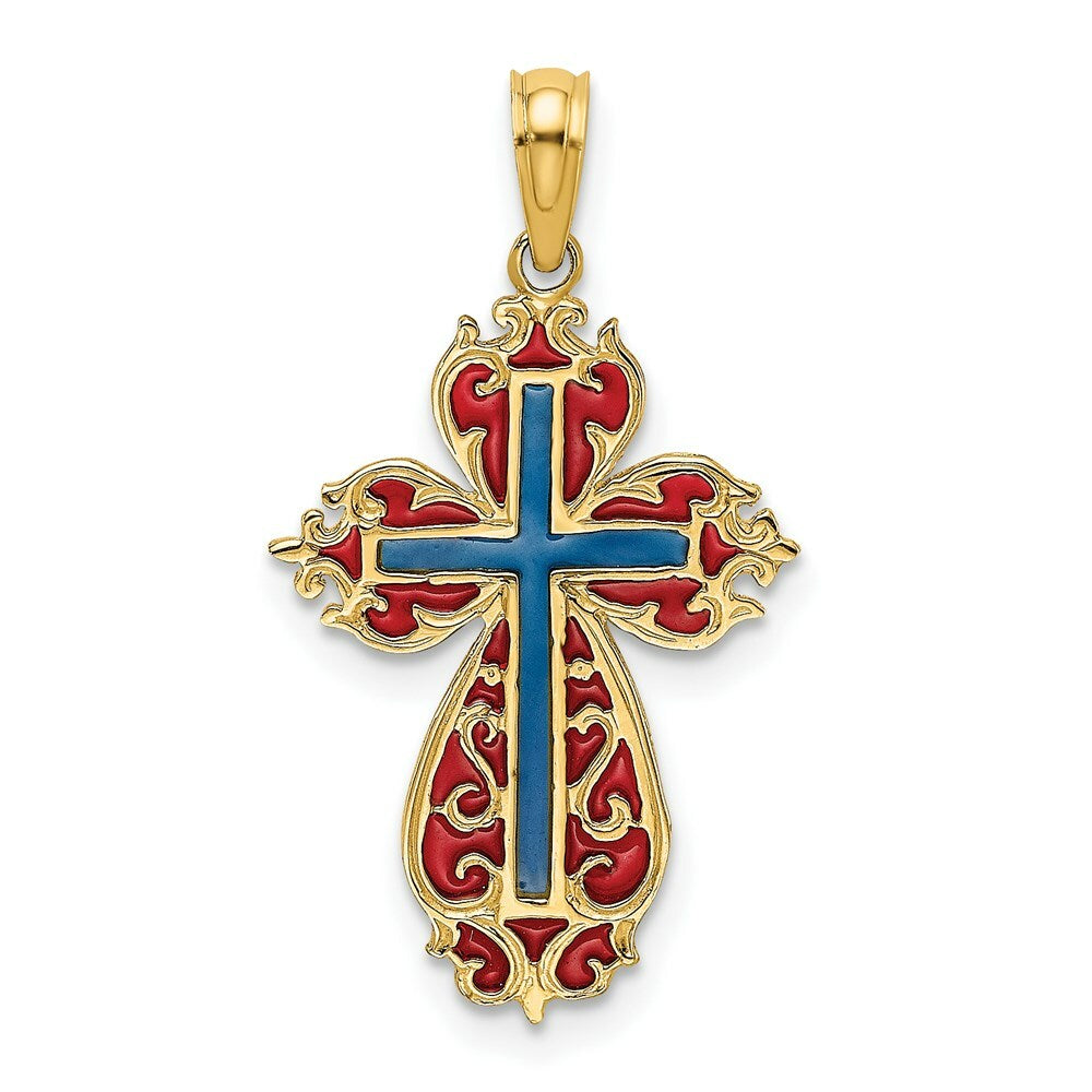 14K Yellow Gold With Blue & Red Stained Glass Cross Charm Pendant