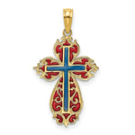 Load image into Gallery viewer, 14K Yellow Gold With Blue &amp; Red Stained Glass Cross Charm Pendant
