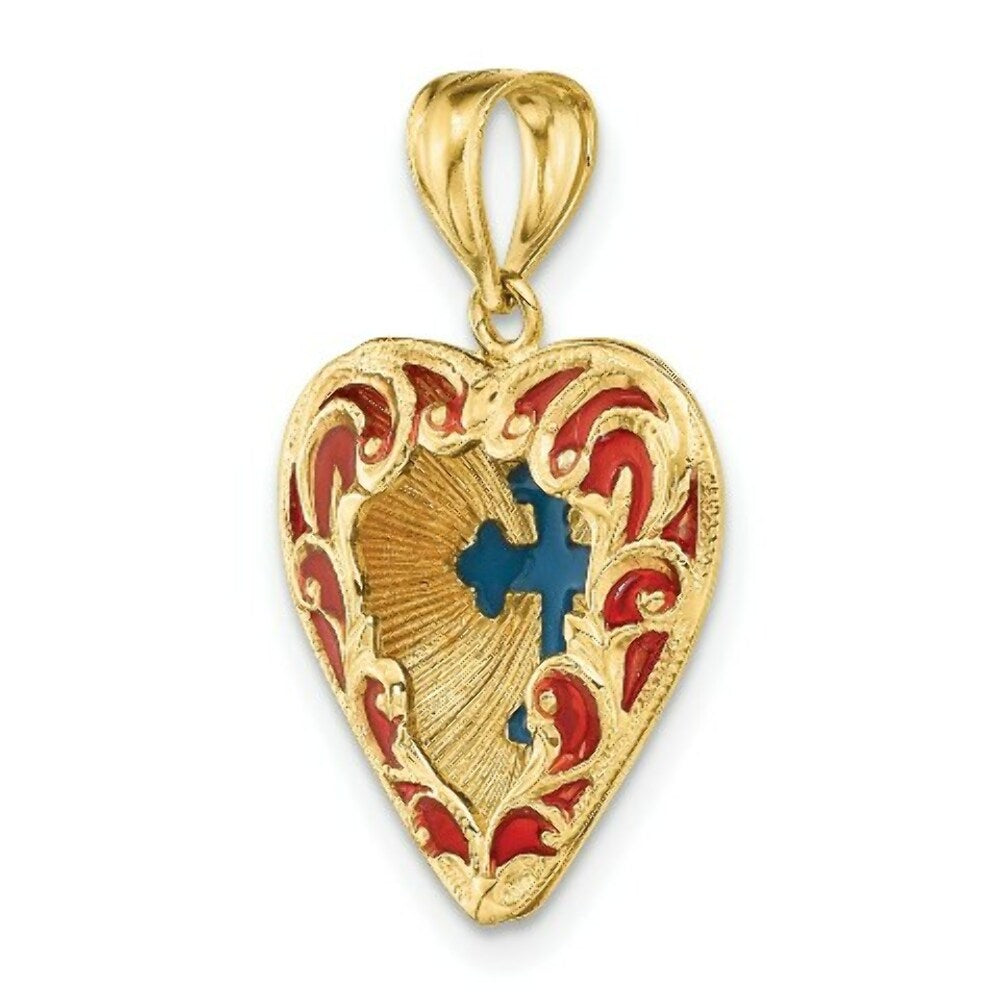 14K Yellow Gold 3-D & With Red & Blue Stained Glass Cross In Heart Charm Pendant