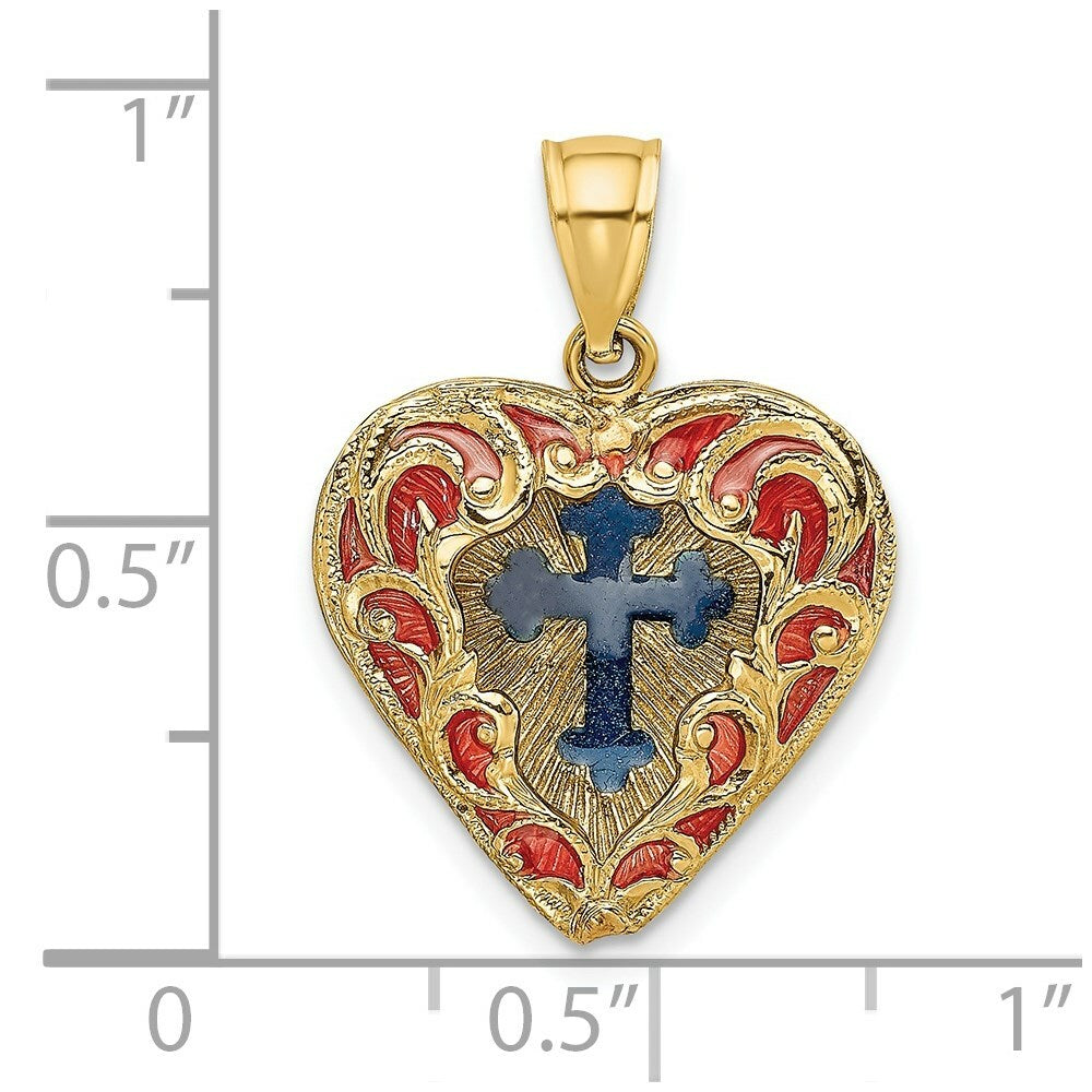 14K Yellow Gold 3-D & With Red & Blue Stained Glass Cross In Heart Charm Pendant
