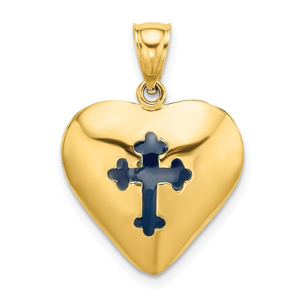 14K Yellow Gold 3-D & With Red & Blue Stained Glass Cross In Heart Charm Pendant