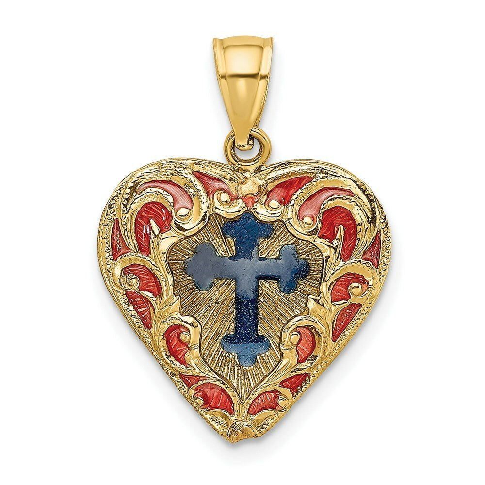 14K Yellow Gold 3-D & With Red & Blue Stained Glass Cross In Heart Charm Pendant