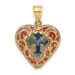 Load image into Gallery viewer, 14K Yellow Gold 3-D &amp; With Red &amp; Blue Stained Glass Cross In Heart Charm Pendant
