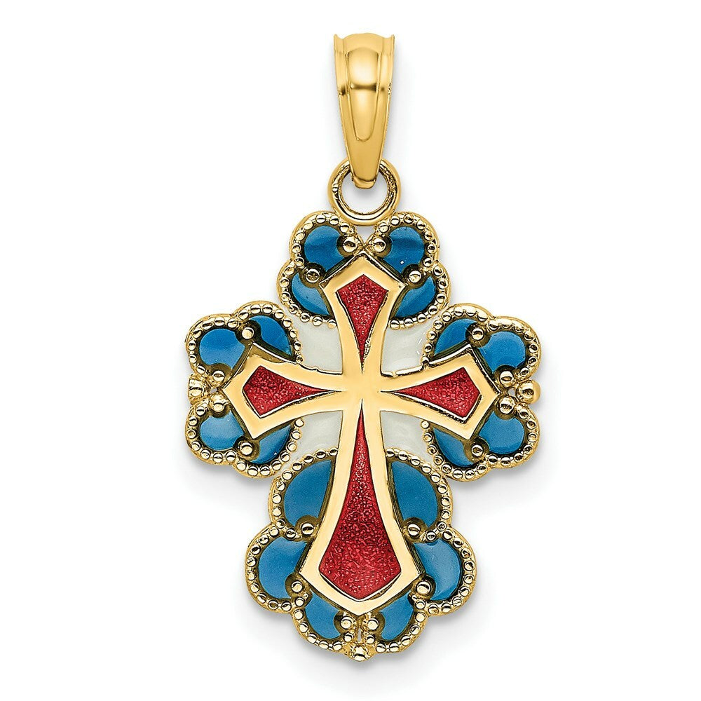 14K Yellow Gold Blue, White & Red Stained Glass With Lace Trim Cross Charm Pendant