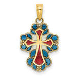 Load image into Gallery viewer, 14K Yellow Gold Blue, White &amp; Red Stained Glass With Lace Trim Cross Charm Pendant
