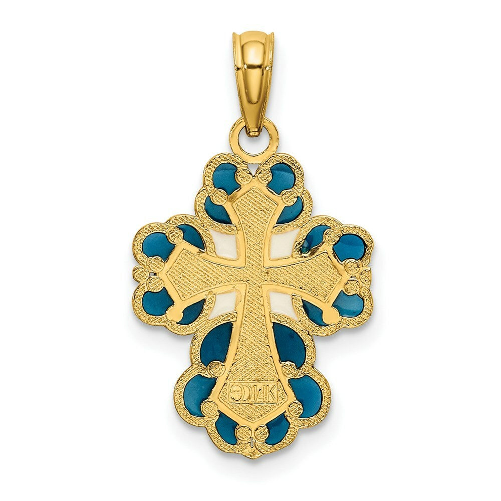 14K Yellow Gold Blue, White & Red Stained Glass With Lace Trim Cross Charm Pendant