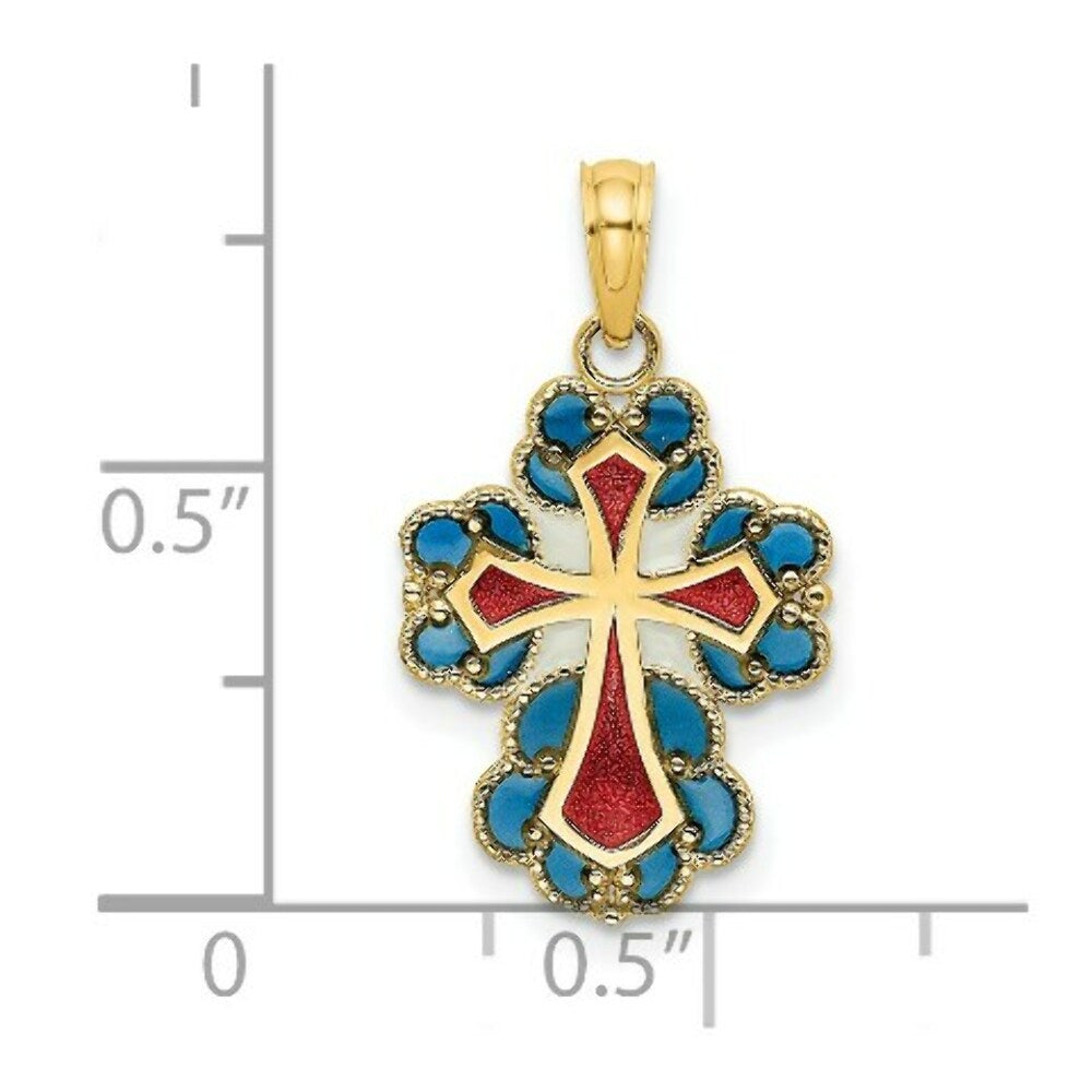 14K Yellow Gold Blue, White & Red Stained Glass With Lace Trim Cross Charm Pendant