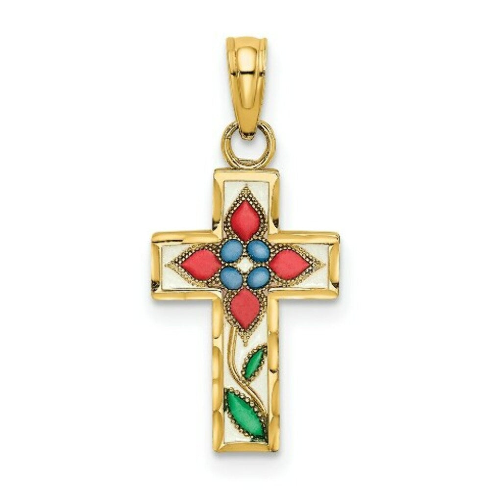 14K Yellow Gold Stained Glass With Flower Cross Charm Pendant