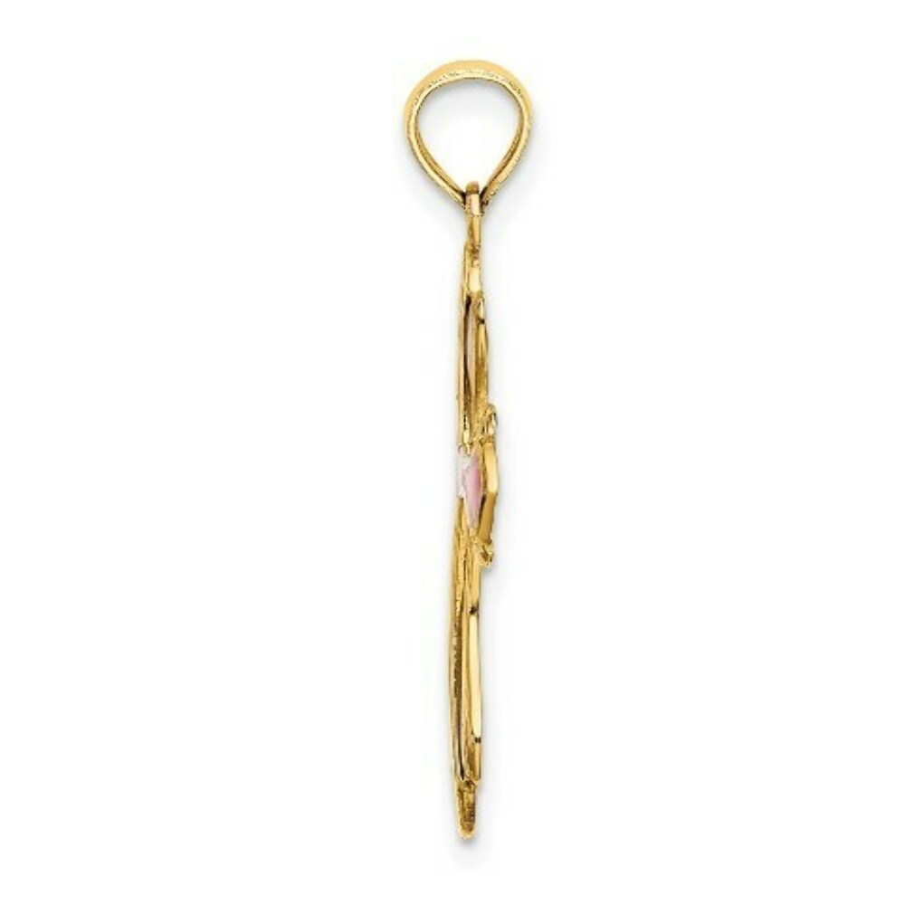 14K Yellow Gold Pink & Purple Stained Glass Cross Charm Pendant