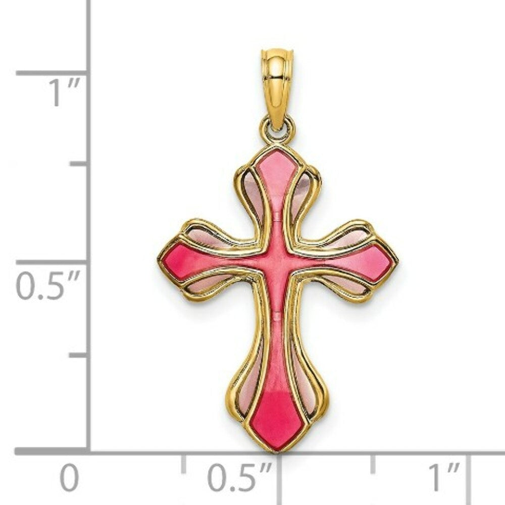 14K Yellow Gold Pink & Purple Stained Glass Cross Charm Pendant