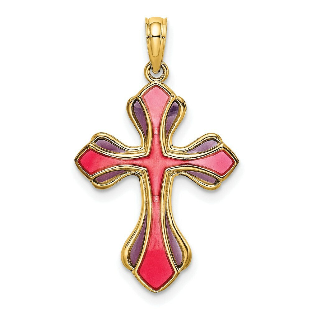 14K Yellow Gold Pink & Purple Stained Glass Cross Charm Pendant