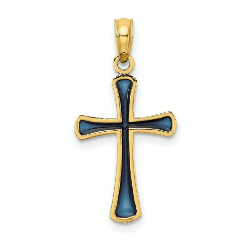 14K Yellow Gold Blue Stained Glass Tapered Cross Charm Pendant