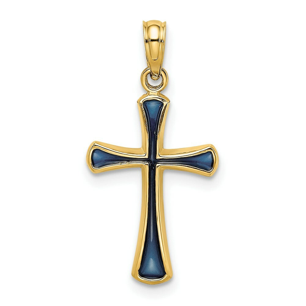 14K Yellow Gold Blue Stained Glass Tapered Cross Charm Pendant