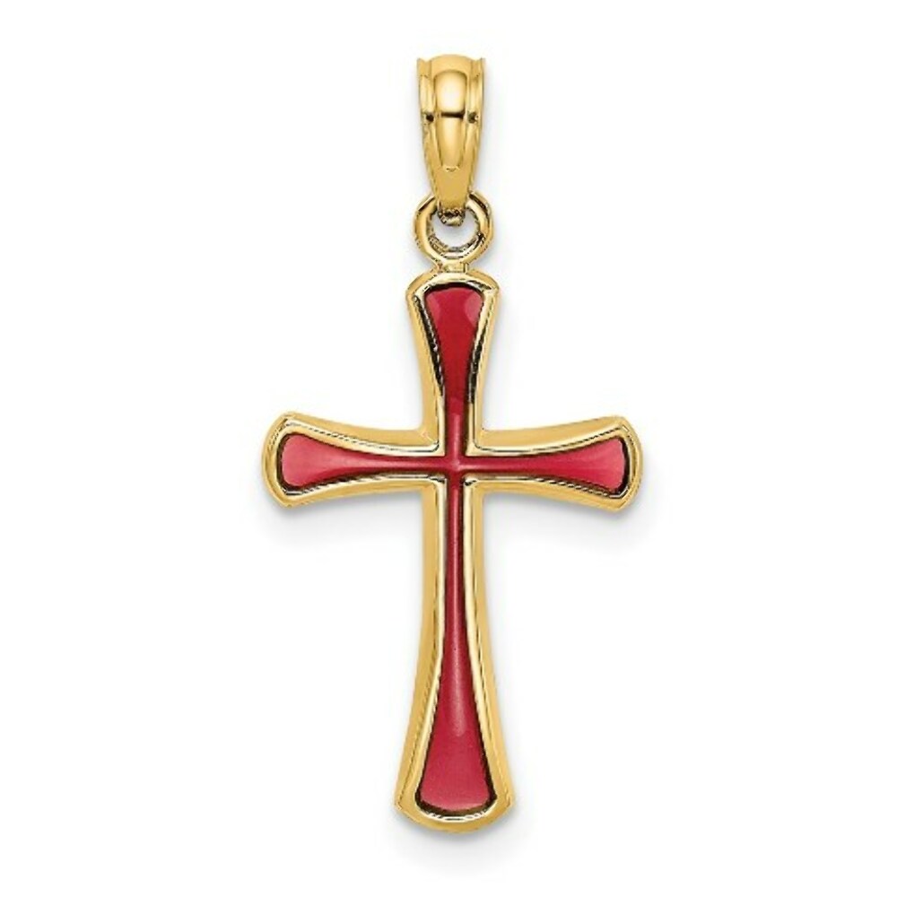 14K Yellow Gold Pink Stained Glass Tapered Cross Charm Pendant