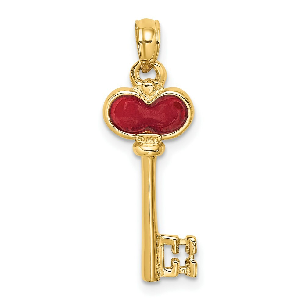 14K Yellow Gold Polished Enameled Heart Key Charm Pendant