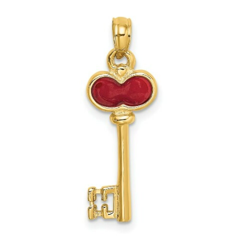 14K Yellow Gold Polished Enameled Heart Key Charm Pendant