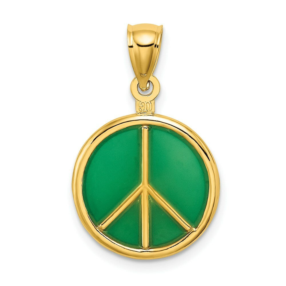 14K Yellow Gold 3-D Green Stained Glass Peace Symbol Charm Pendant