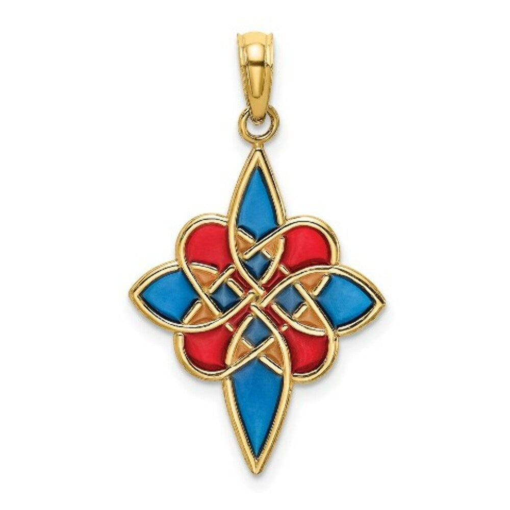 14K Yellow Gold With Blue, Red, & Gold Stained Glass Celtic Knot Charm Pendant