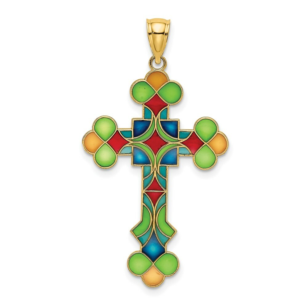 14K Yellow Gold Multi Color Stained Glass Cross Charm Pendant