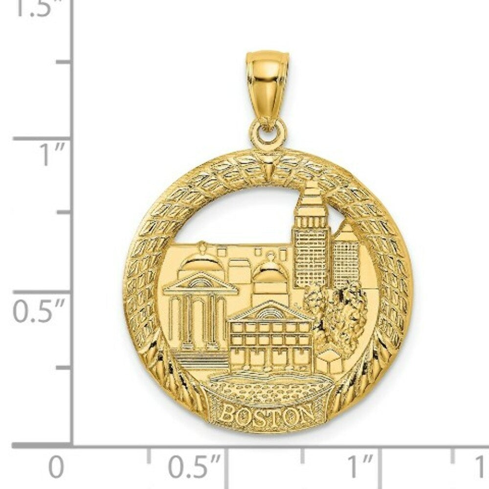 14K Yellow Gold BOSTON TOWN Scene In Round Disc Charm Pendant