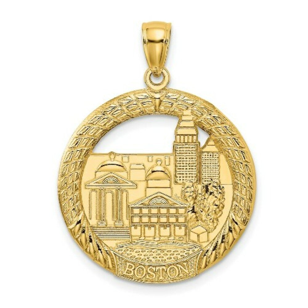 14K Yellow Gold BOSTON TOWN Scene In Round Disc Charm Pendant