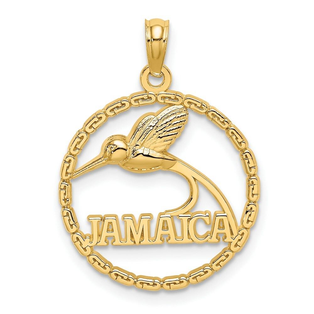 14K Yellow Gold JAMAICA With Bird in Round Frame Charm Pendant