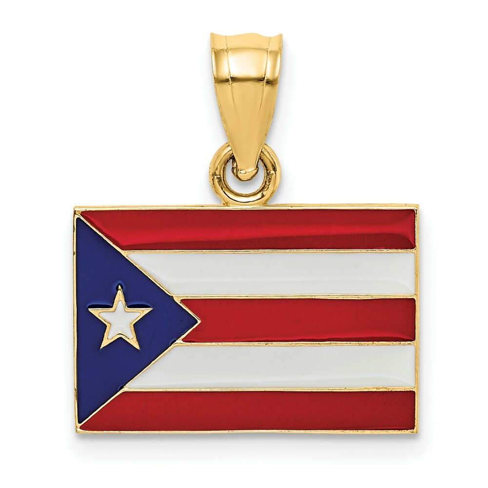 14K Yellow Gold Solid Enameled Puerto Rico Flag Pendant