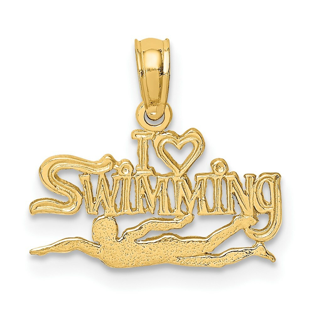 14K Yellow Gold Polished and Engraved I HEART SWIMMING Charm Pendant