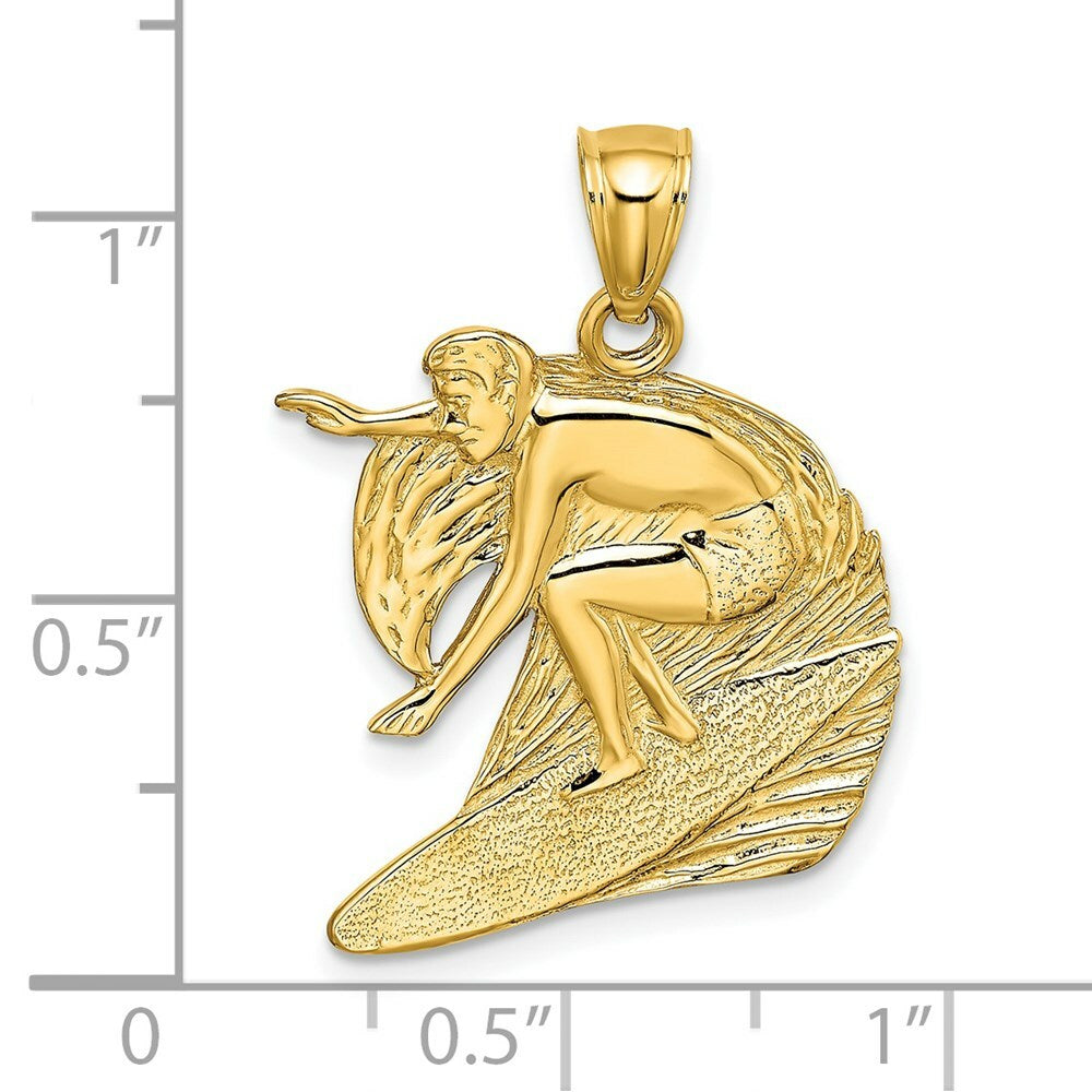 14K Yellow Gold Polished and Graved Surfer & Wave Charm Pendant