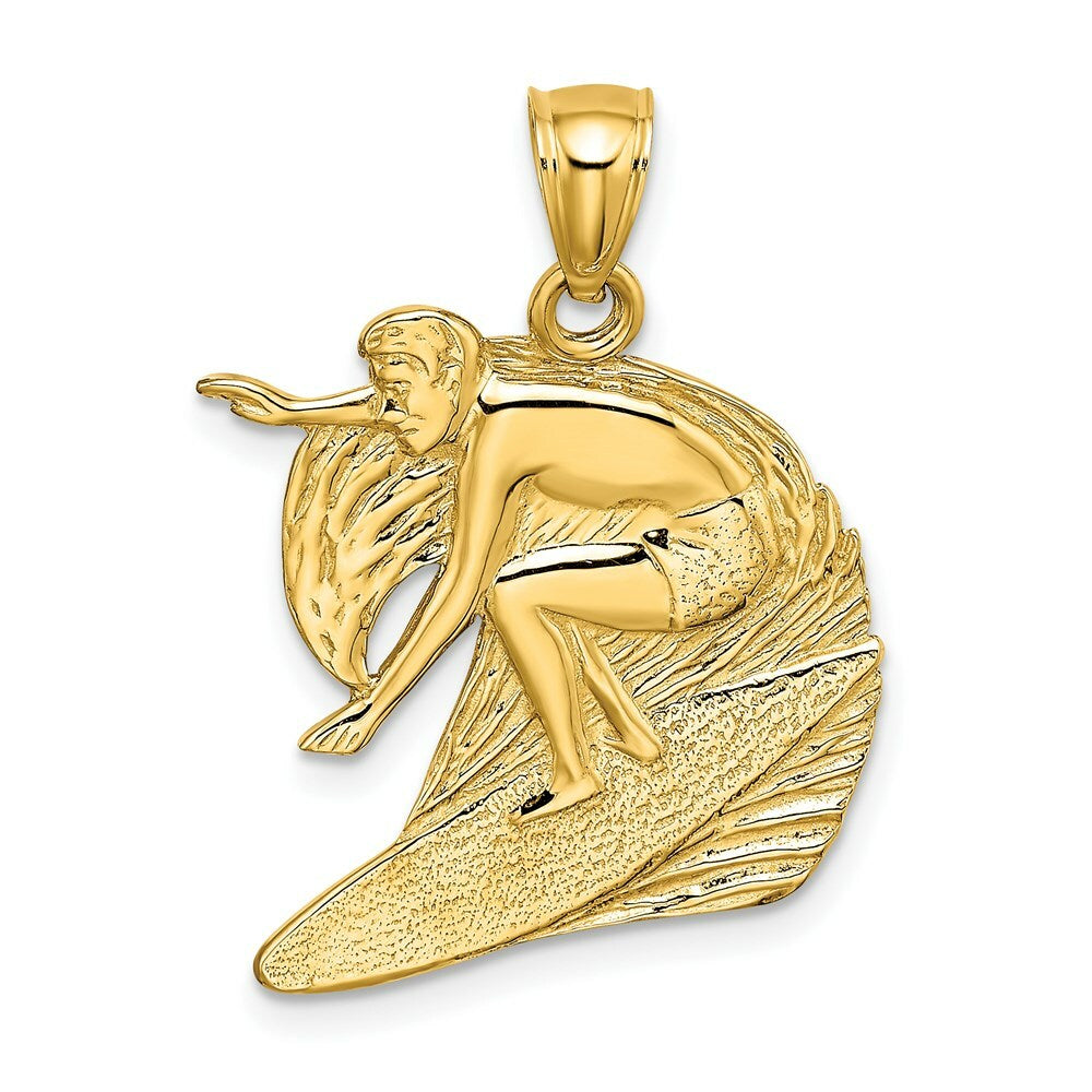 14K Yellow Gold Polished and Graved Surfer & Wave Charm Pendant