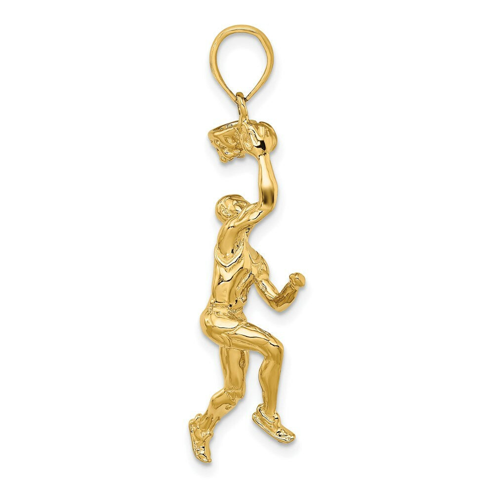 14K Yellow Gold 3-D Basketball PLAYER With Raised Ball & Partial Hoop Charm Pendant