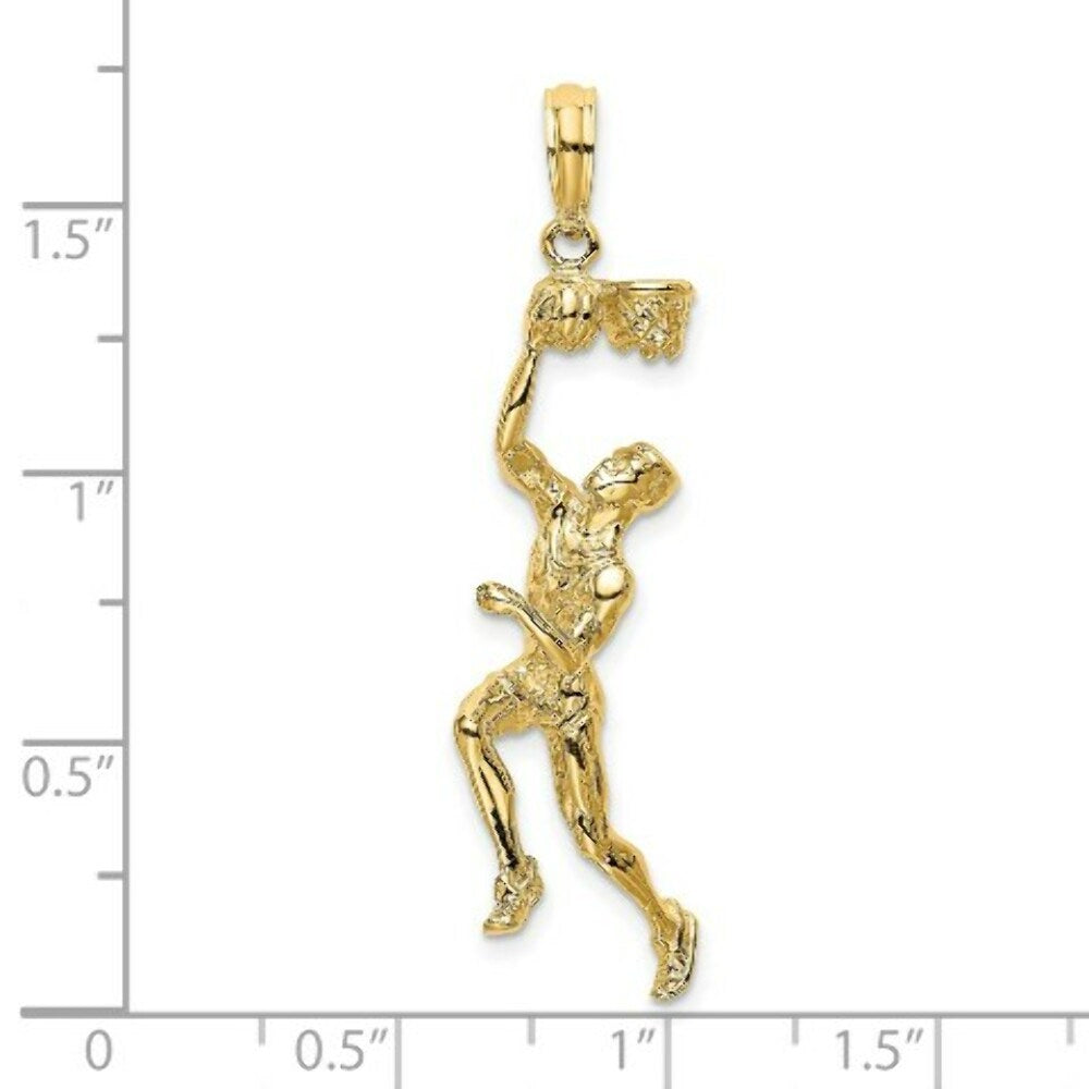 14K Yellow Gold 3-D Basketball PLAYER With Raised Ball & Partial Hoop Charm Pendant
