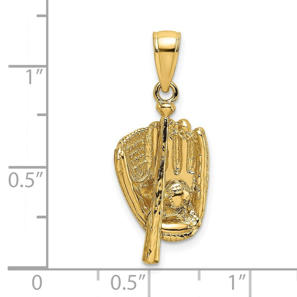 14K Yellow Gold 3-D Polished BASEBALL GLove, BAT & Ball Charm Pendant