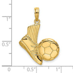 Load image into Gallery viewer, 14K Yellow Gold 2-D Soccer SHOE KICKING Ball Charm Pendant
