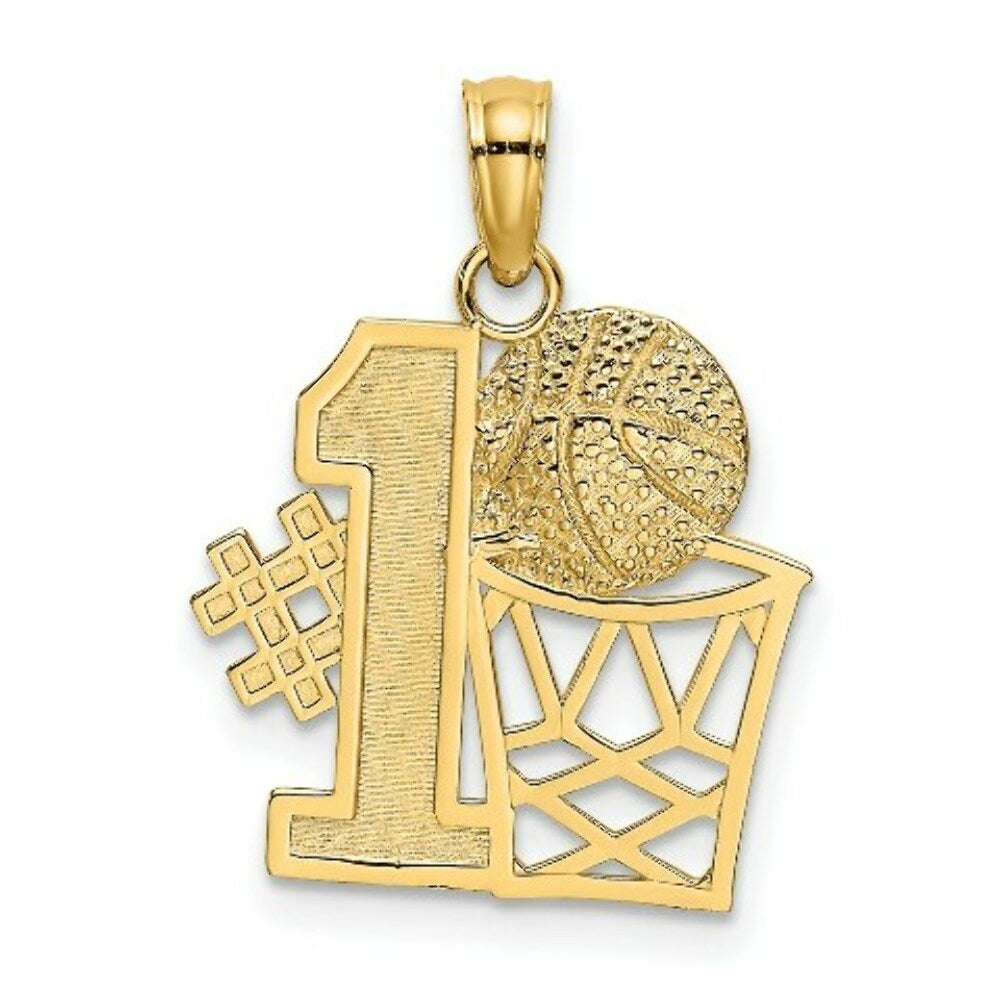14K Yellow Gold #1 Basketball STORY With Hoop Charm Pendant
